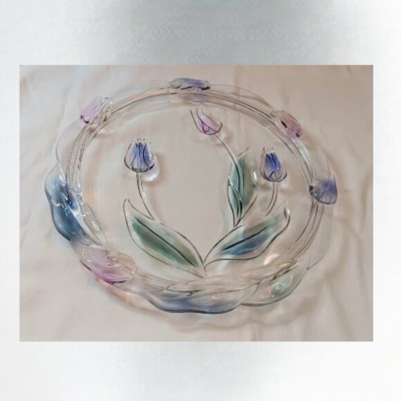 Mikasa Spring glass 14.5 in round raised floral cake platter - Picture 1 of 4